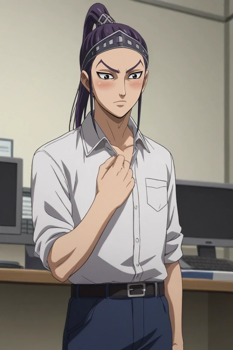 score_9, score_8_up, score_7_up, , rating_safe, , anime screencap, anime coloring, , , depth of field, 1boy, solo, male focus, <lora:wang_ben_pony:0.94>, wang_ben, purple hair, black eyes, long hair, ponytail, aged down, wide angle, wide shot, full body, office, computers, indoors, floating, shy, blush, , <lora:sdxl_lightning_8step_lora:1>