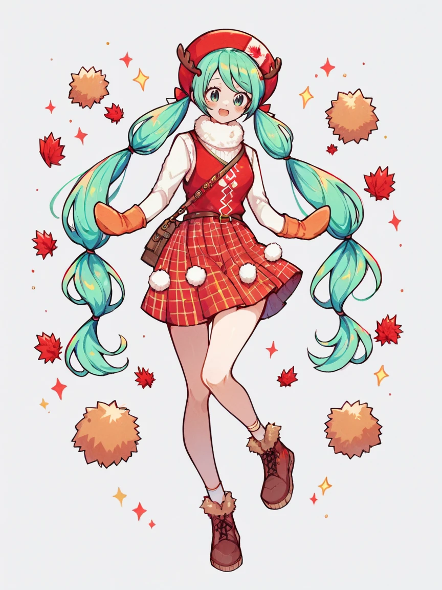 score_9, score_8_up, score_7_up, score_6_up, score_5_up,  <lora:CanadianhatsunemikuXLP2:0.7> canadian hatsune miku, 1girl, red hat, twintails, red plaid skirt, white sweater, red vest, curvy, pom pom \(clothes\),