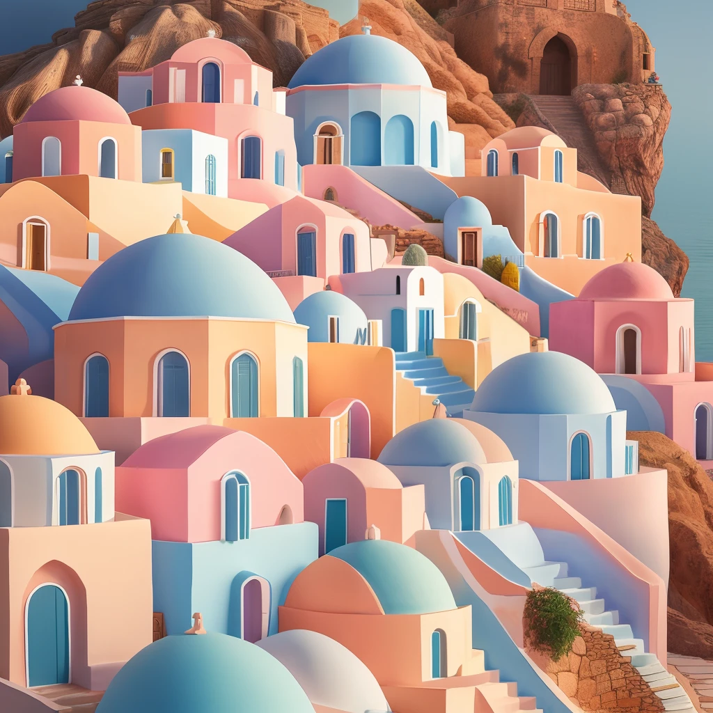 pastel color paper art of a village in greece, 3D, detailed, realistic