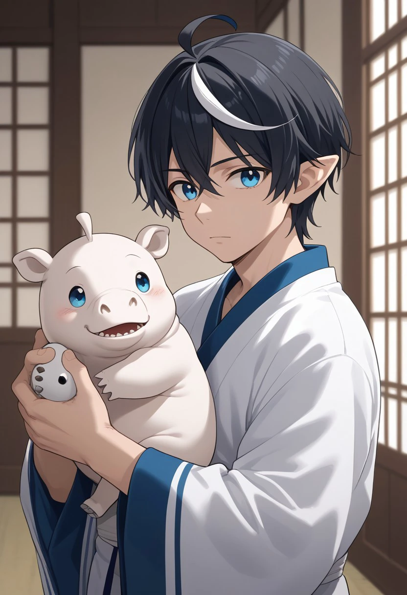 (masterpiece), best quality, expressive eyes, perfect face, uno_gc, 1boy, solo, male focus, ahoge, black hair, white streaked hair, pointy ears, pale skin, blue eyes, short hair, white kimono, holding animal, animal , hippopotamus