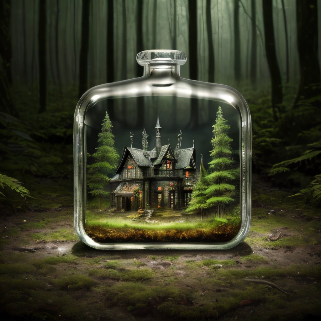 masterpiece, full scale photo, intricate photo, mysterious miniature haunted house in a whole lying  transparent slim glass bottle, background swampy forest, hyper realistic, highly detailed, sharp focus, best quality, high resolution, 8K, glassbottle, <lora:GlassBottleNewExp01_1000steps:0.8>