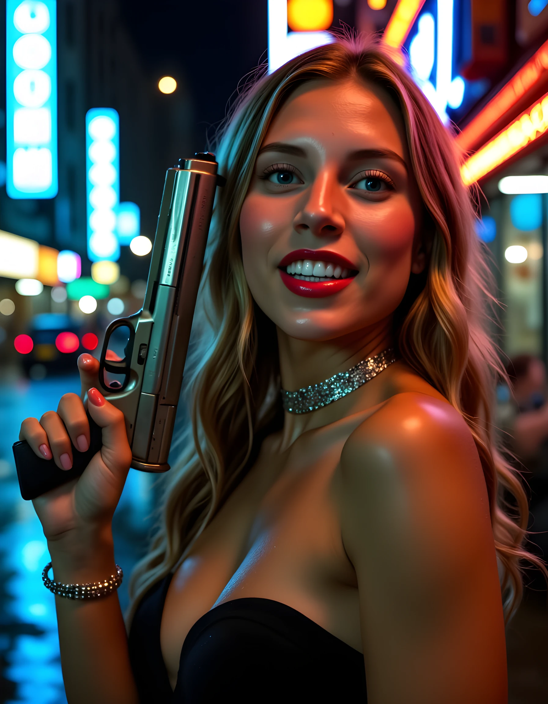 Beauty topless,Holding an AK47,Standing in the middle of Times Square in the United States,And speak loudly