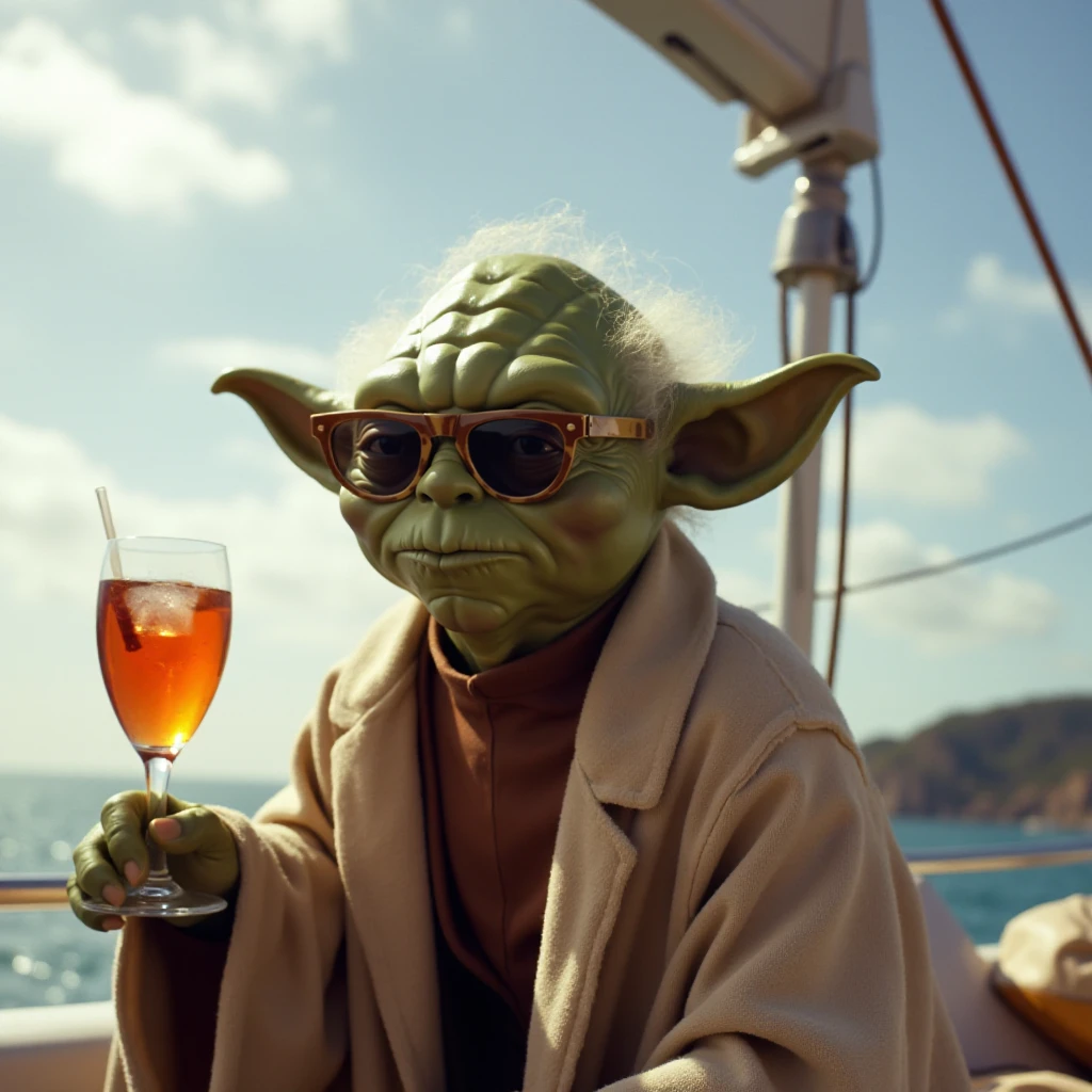 yoda wears sunglasses and having a cocktail on a boat  <lora:Yoda:0.9>