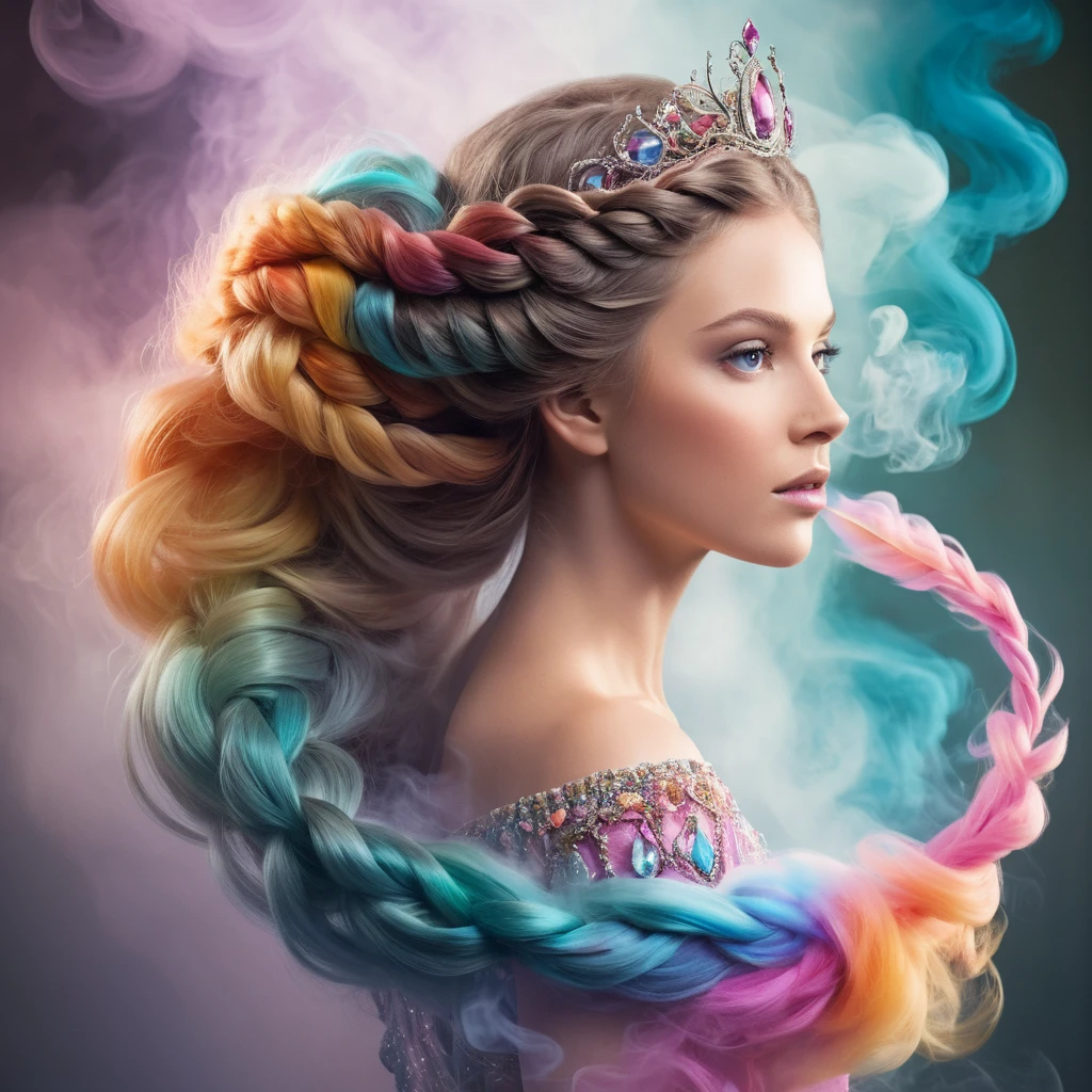 A vibrant, swirling vortex of multicolored smoke begins to take shape, morphing into the majestic form of a princess, ethereal mane and braid tail, set against a soft, dreamy background.