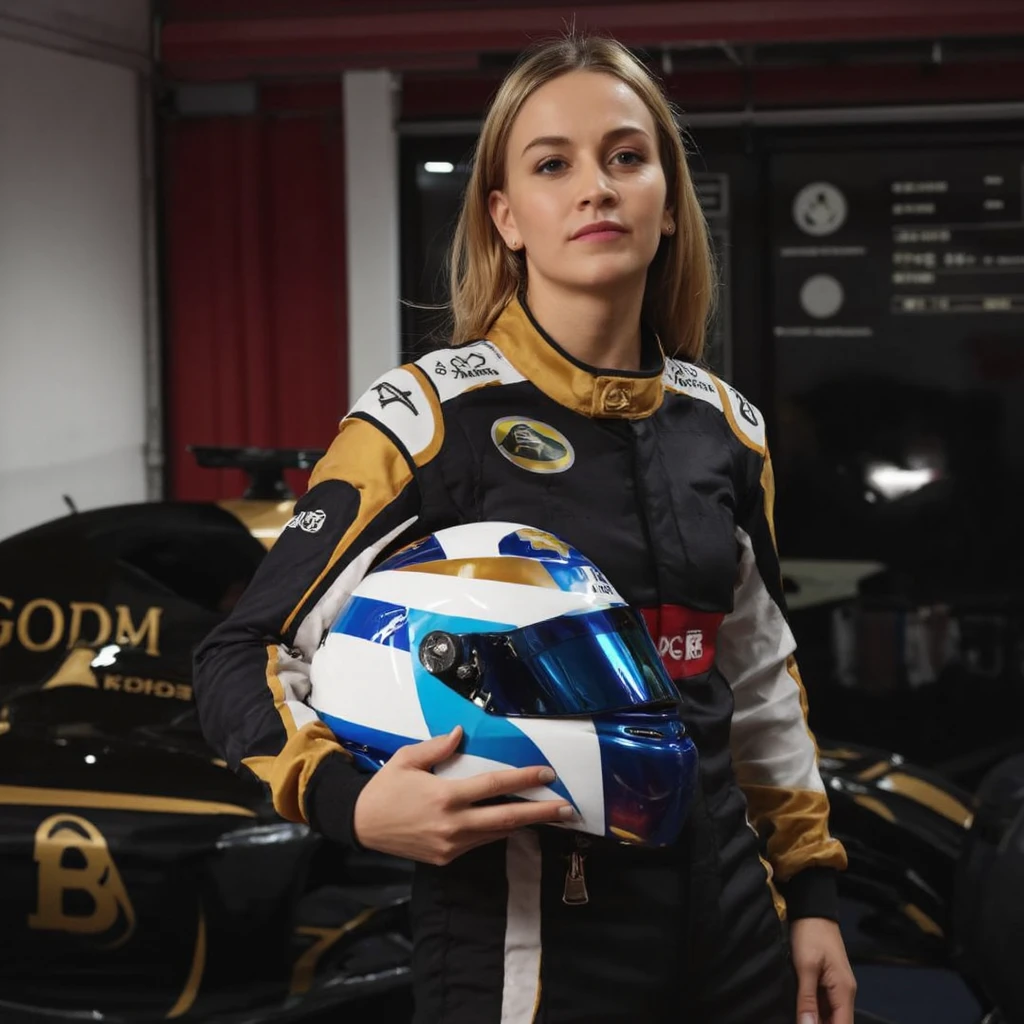 A professional portrait of carmen_jorda in a racing suit, standing in front of a Formula 1 car. She holds a racing helmet with a blue and white design, indicating a race theme. The woman has blonde hair and wears a black and gold racing suit with sponsor logos on the sleeves. The car behind her is black with gold and red accents, displaying various sponsor logos and text. The background is a dimly lit garage with a red curtain and a digital display board. The image is well-lit, highlighting the woman and the car's details.