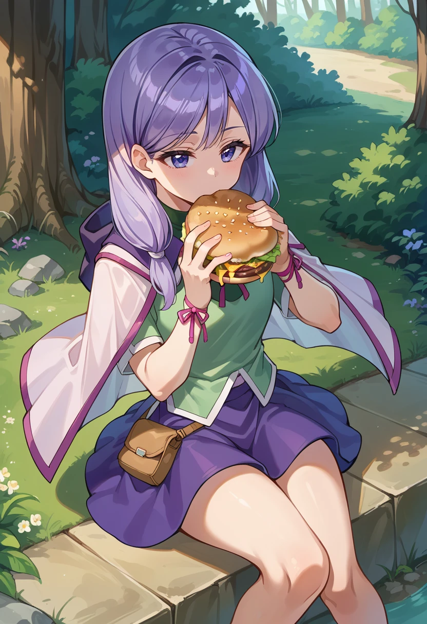 score_9, score_8_up, score_7_up, source_anime, 1girl, solo, forest, eating, eating burger, wariza, from above, 
BREAK expressionless, <lora:IlyanaPoRXL:1> ilyanaPoR, lavender hair, bangs, lavender eyes, miniskirt, purple skirt, green shirt, short sleeves, pink capelet, ribbon, circlet