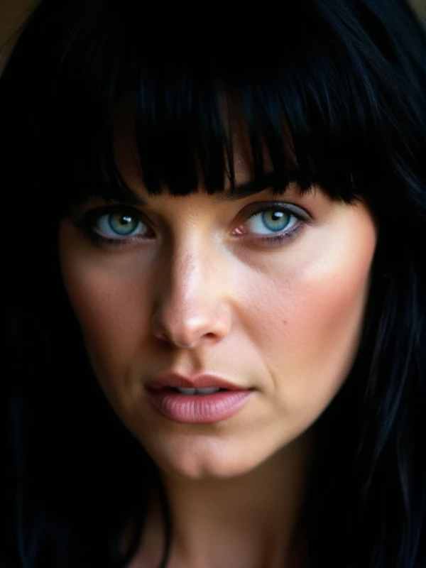 Xena is a dark hair woman with a bangs and blue eyes. closeup face portrait<lora:Xena:0.9>