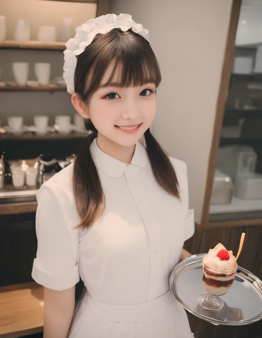 8k, RAW, masterpiece, best quality, very aesthetic, high resolution, raw photo, high resolution, waist up, 
1 girl,  japanese, 20 yo, low pigtails, smiling, tilting head,
waitress uniform with apron, frilly headband, stainless steel tray, parfait in tall glass cup,
modern coffee shop, Antique Interior
 <lora:WhippeMilk_2D:0.7>