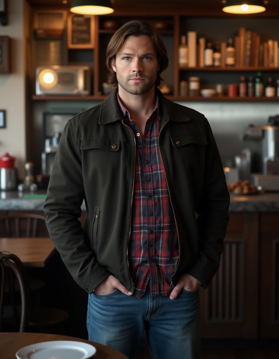 <lora:Sam_Winchester_Flux:1> this is an image of a tall well built man wearing a jacket, shoulder length hair, flannel shirt and jeans. in a cafe looking at the viewer