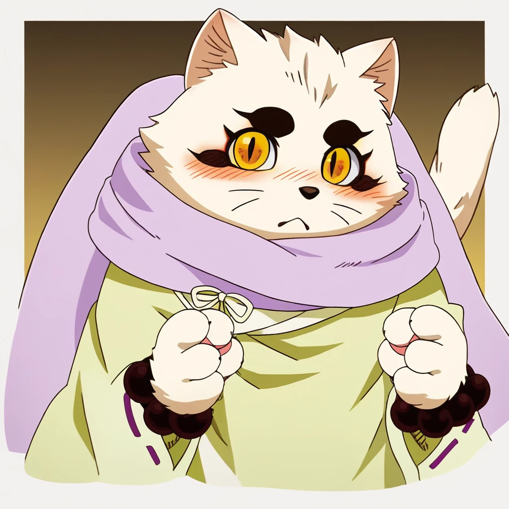 furry, purple scarf, yellow eyes, cat, upper body, blush, bead bracelet, japanese clothes, tail, thick eyebrows, looking at viewer