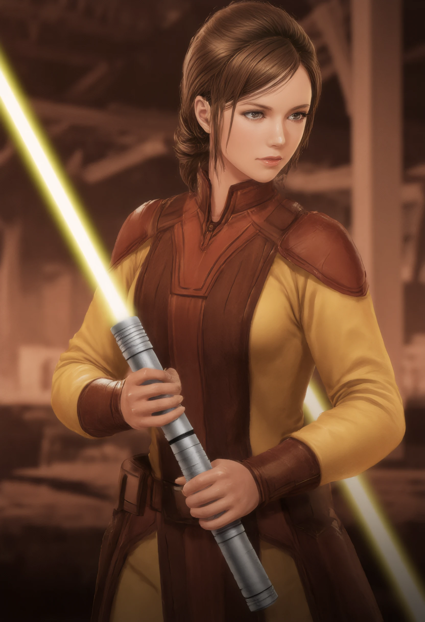 bastila_shan looking at viewer and smiling, wielding a yellow lightsaber