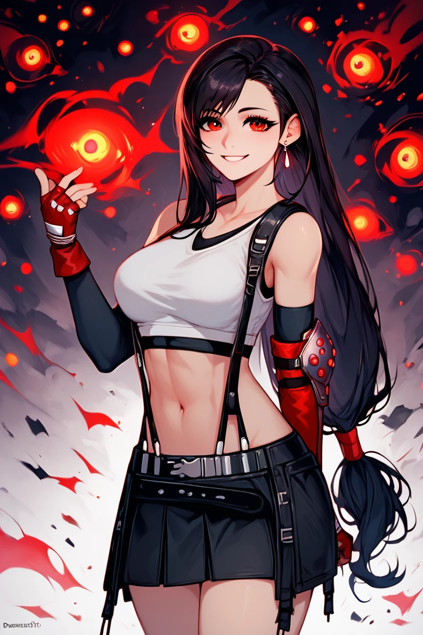 score_9, score_8_up, score_8, medium breasts, (curvy), cute, eyelashes,       BREAK, , BREAK, <lora:tifa-pdxl-nvwls-v1:0.8>, defTif, red eyes, black hair, low-tied long hair, earrings, white sports bra, black suspenders, black miniskirt, arm warmers, black elbow gloves, elbow pads, red gloves,, <lora:Occult_Oculi_Magic_PDXL:1.0>,  occultoculi, , BREAK,  smile, looking at viewer, cowboy shot,  embedding:zPDXL, Expressiveh, <lora:SDXLFaeTastic2400:0.5>,  <lora:Expressive_H-000001:0.4>,