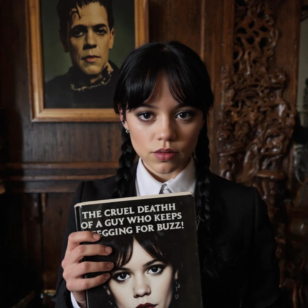 A portrait of jenna_ortega in a dark, vintage setting. She holds a book titled 'THE CRUEL DEATH OF A GUY WHO KEEPS BEGGING FOR BUZZ!' with a black and white image of jenna_ortega's face on the cover.The woman wears a white collar and a black jacket. Her hair is styled in two braids. She looks directly at the camera with a serious expression. Behind her is a wooden wall with intricate carvings and a framed portrait depicting the frankenstein monster. The color palette consists of dark browns, blacks, and whites, creating a somber and reflective atmosphere.