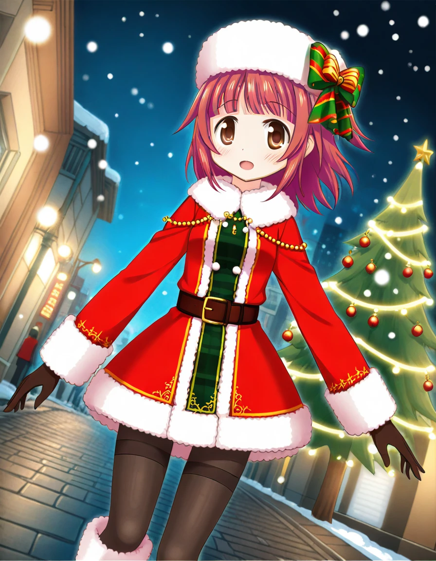 akino kaede, santa costume, black pantyhose, fur boots, solo, dynamic angle, street, christmas, snowing, <lora:20241004091734_akino_kaede_animagine-xl-3.1:0.7>