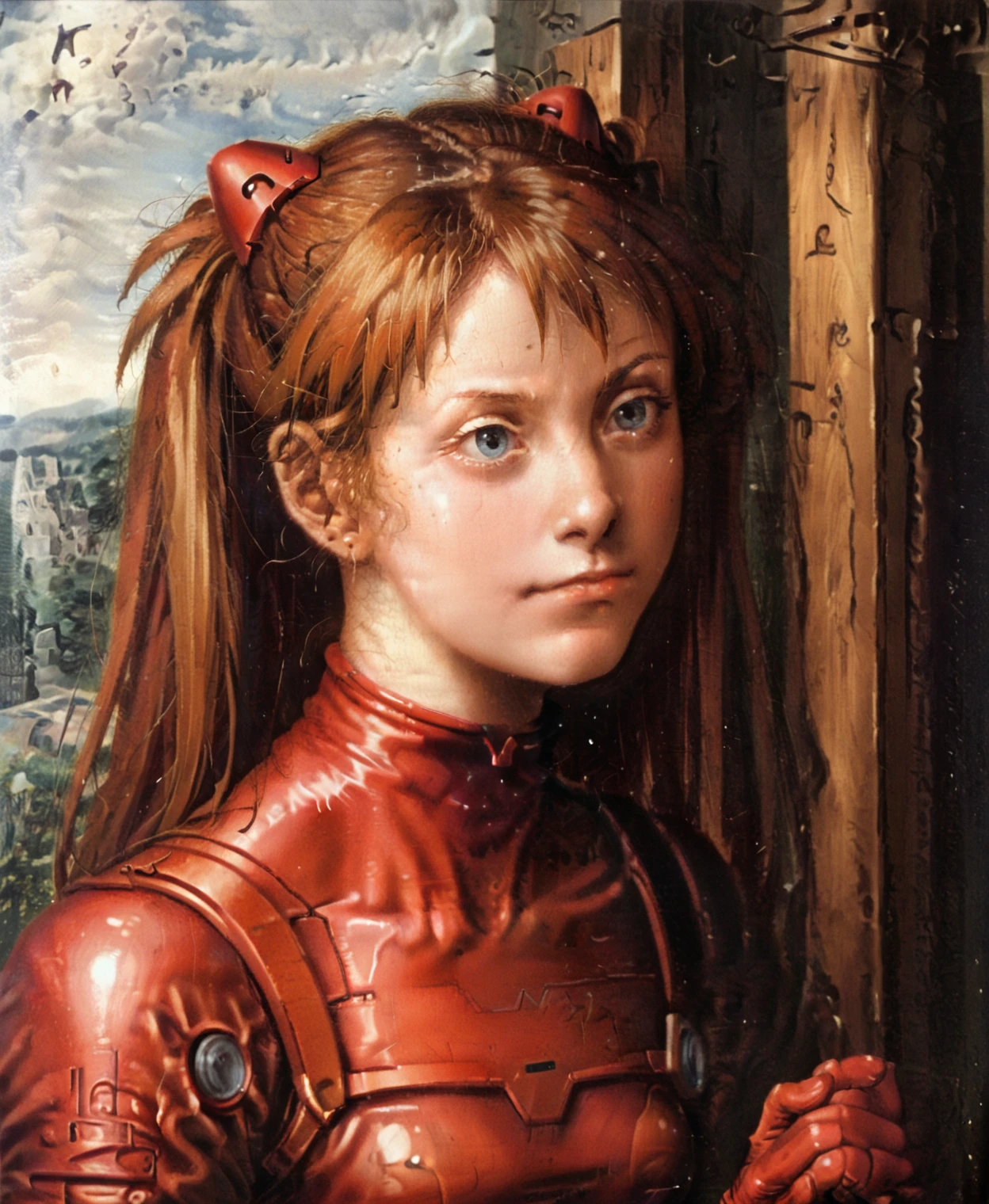 <lora:jan-van-hemessen_pony_v1:0.95>  ' asuka langley soryu ' by HemessenJanvan in 1543,portrait \(genre\),Northern Renaissance \(style\),female-portraits, Lady, red plugsuit, score_9, score_6_up, score_7_up