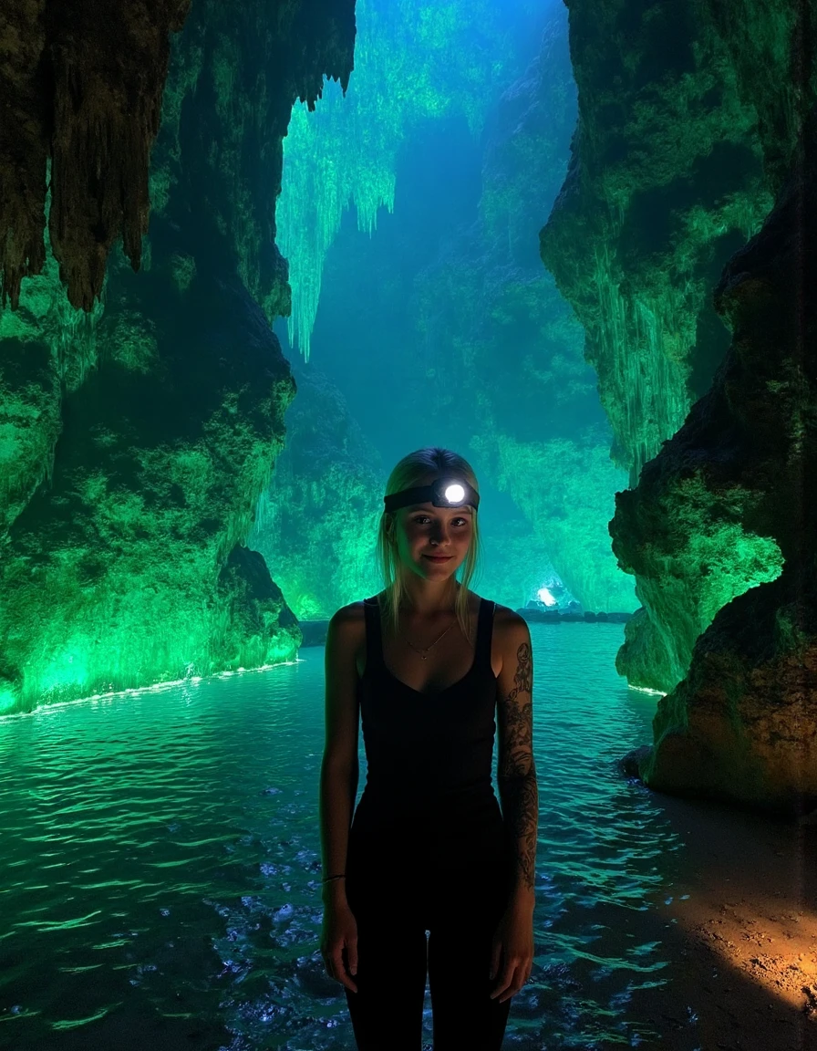 A socmed photo of a young woman with platinum blonde hair and tattoos, standing at the entrance of a massive underground cave system illuminated by bioluminescent fungi. She’s dressed in a tight black jumpsuit, headlamp strapped around her forehead, casting a faint glow ahead. Her expression is a mix of excitement and wonder as she gazes into the glowing, alien-like caverns. Stalactites hang from the ceiling like jagged teeth, and the ground is covered in shimmering pools of water reflecting the eerie green and blue lights. In the distance, you can see a narrow, winding path leading deeper into the unknown depths. Artistic cinematic shot with perfect composition.