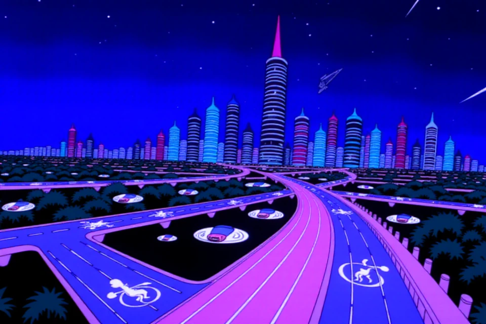 <lora:Rugrats_Style_FLUX:0.9> rugrats_style, a futuristic sci-fi city at night, its skyline dominated by towering skyscrapers that shimmer with neon lights in hues of electric blue, violet, and bright pink. Hovering cars glide smoothly through the air on invisible tracks, leaving glowing trails behind. The streets below are alive with holographic advertisements projecting animated figures and symbols into the air. Sleek, metallic walkways connect the buildings, illuminated by soft, pulsating lights. The sky is a deep indigo, dotted with distant stars and the occasional streak of a passing spaceship. Everything hums with energy, as if the city itself is alive with technology.