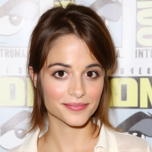 chestnut-brown hair, soft pink lipstick that complements her overall look., giving her a fresh, slightly olive-toned skin. She has shoulder-length, The image is a photograph of a woman standing in front of a backdrop featuring a repeating pattern of the San Diego Comic-Con International logo, slightly messy manner, natural beauty. Her hair is a medium brown