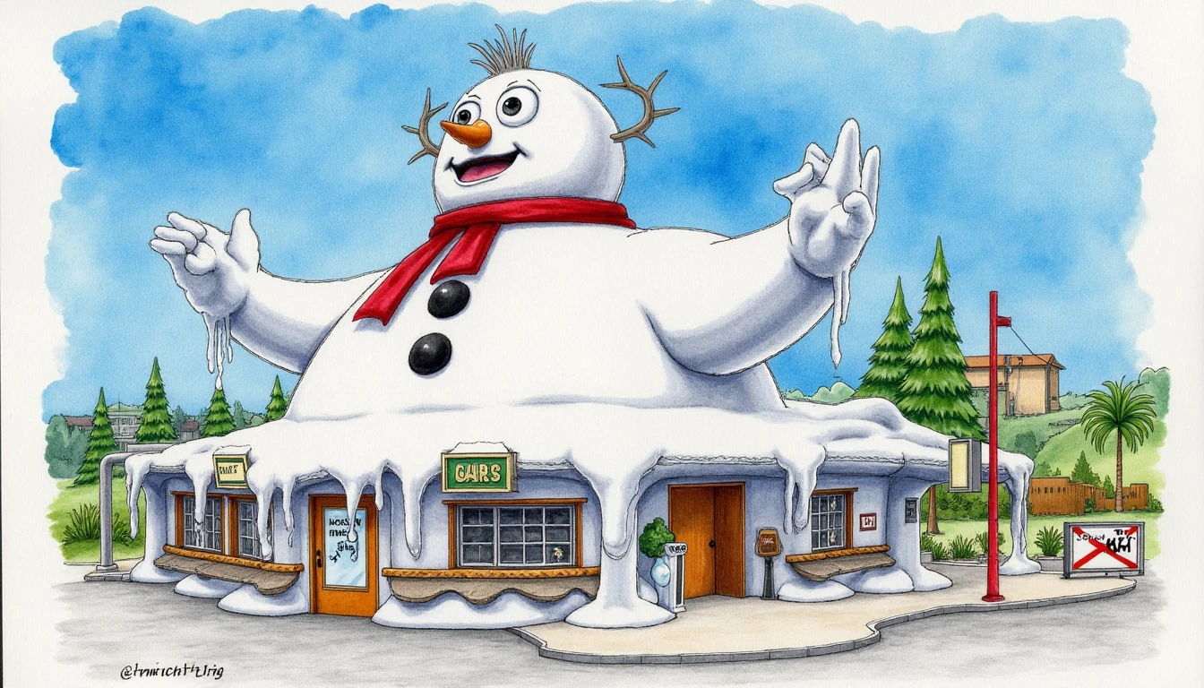 Watercolors depiction of a massive  melting novelty architecture  building shaped like a bully abominable snowman, it is operating as a pub in a crime infested tourist area.