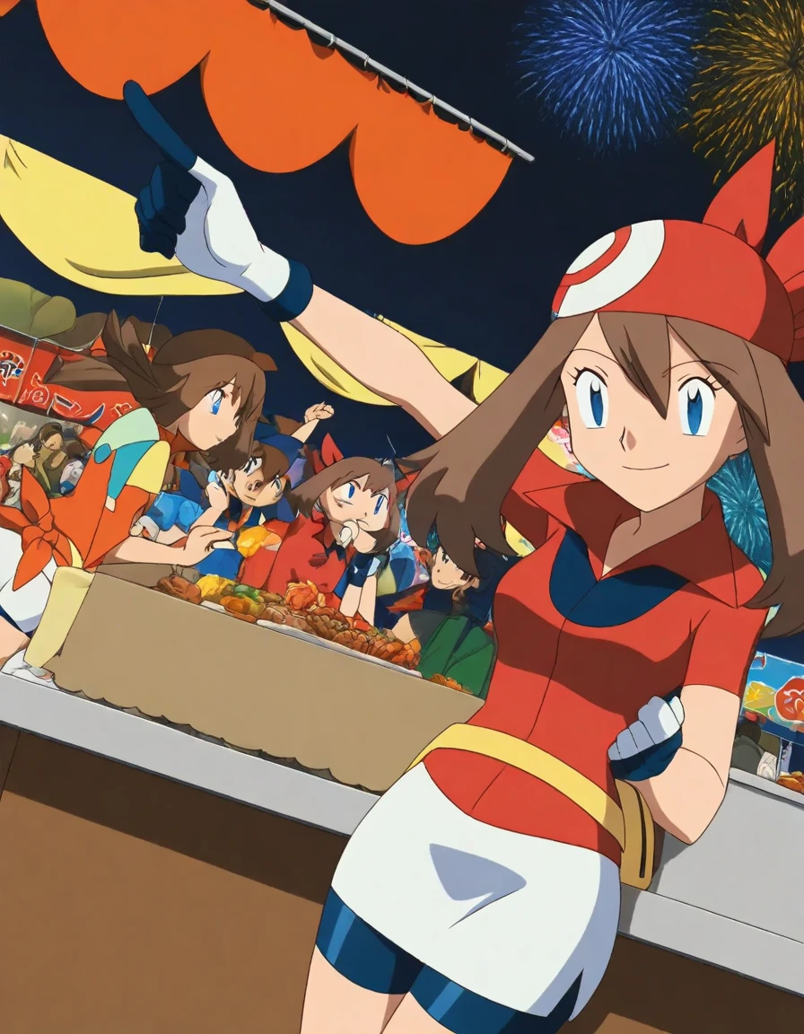 score_9, score_8_up, score_7_up, source_anime, <lora:pokemon-may-anime-illustrious-lora-nochekaiser:1>, pokemonmay, 1girl, may (pokemon), blue eyes, brown hair, bandana, long hair, red bandana, twintails, hair between eyes,, bike shorts, collared shirt, gloves, microskirt, multicolored shirt, pencil skirt, red shirt, shirt, short sleeves, skirt, white skirt,, festival, fireworks, summer night, food stall, traditional, arms up,, , , sitting, elbow rest, table,, solo,, cowboy shot, dutch angle, solo