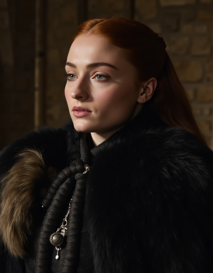 <lora:Sophie_Turner_Flux (1):1> The image is a photograph from the HBO series "Game of Thrones." The scene appears to be set in a fortress.  The image is capturing a young woman who has red hair. She has fair skin and piercing blue and green eyes that stand out vividly against her complexion. Her facial features are delicate, she is wearing a medieval style wolf fur cloak, black dress, stoic expression