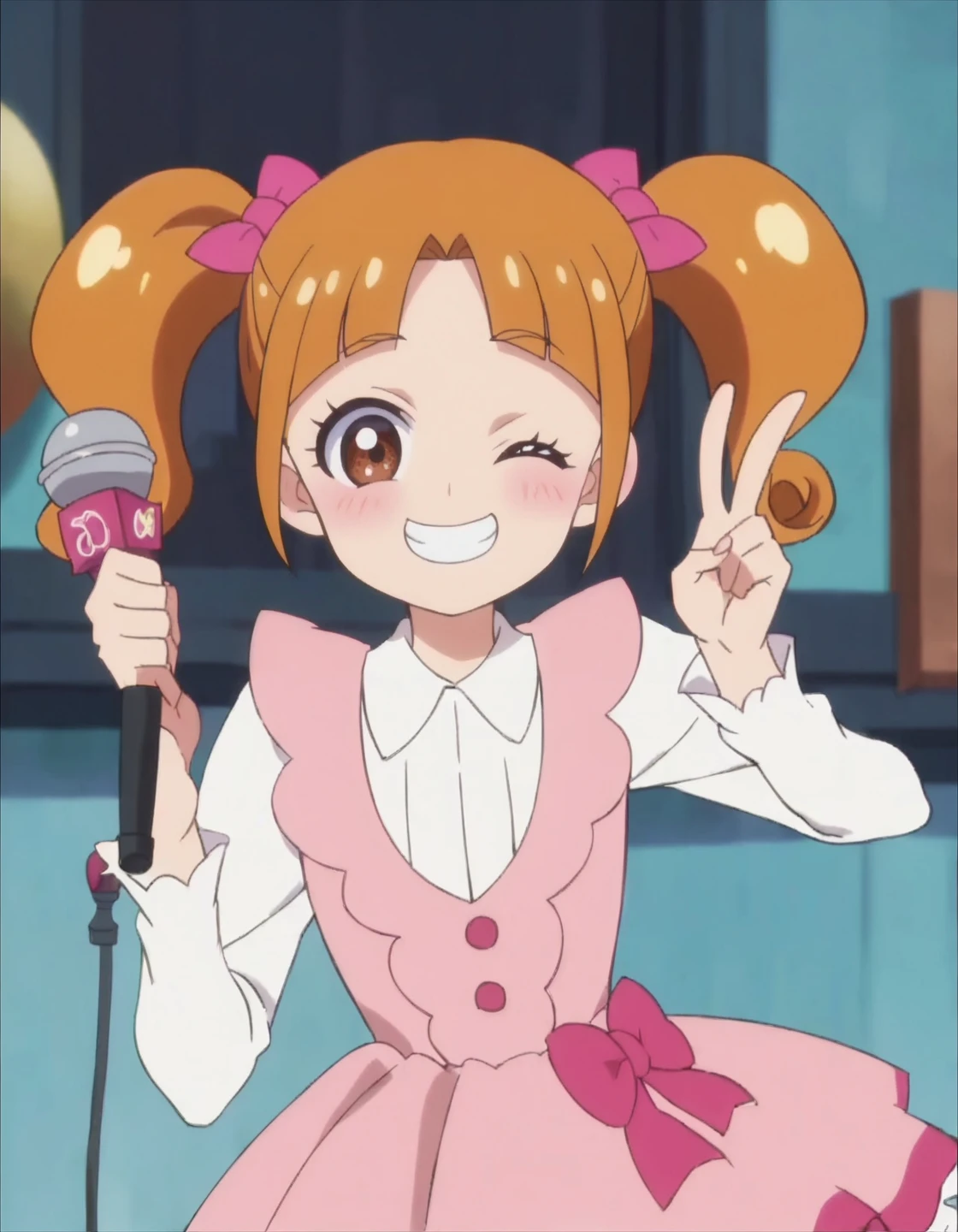 score_9, score_8_up, score_7_up, anime screencap,1girl, solo, twintails, pink dress,white shirt, brown hair, brown eyes, bow,center parted bangs,holding microphone, peace sign,one eye closed, smile,blush ,looking at viewer <lora:IchijoRankoV2:0.8>