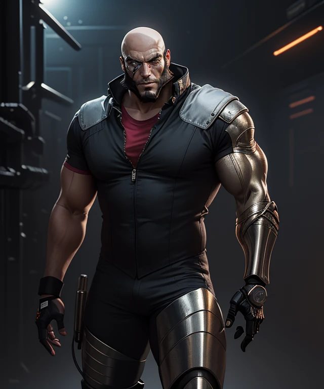 (masterpiece:1.2), best_quality, official_art, ultra_detailed, (jetblack:1.5), male focus, 1boy, facial hair, (beard:1.2), bald, black hair, muscular, (eye_scar:1.2), (metal_eyepiece:1.2), (cyborg:1.2), (prosthetic_arm:1.5), (single_metal_arm:1.5), armor, jumpsuit, (single_red_sleeve:1.2), (black_wristbands:1.2), armored_boots, (fog:1.2), neon_lights, (sci-fi:1.5), (noir:1.2), (dramatic_lighting:1.2), cowboy_shot, <lora:JetBlackV1:1>