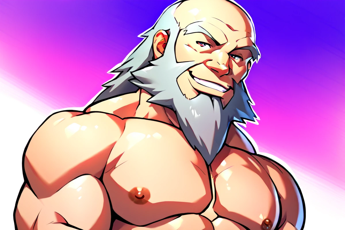 score_9, score_8_up, score_7_up, <lora:Iroh_v2.0:1> portrait, smile, iroh, bald, grey hair, beard, topknot, source_cartoon, muscular, pecs, topless, nipples,   <lora:mentaiko:0.5>