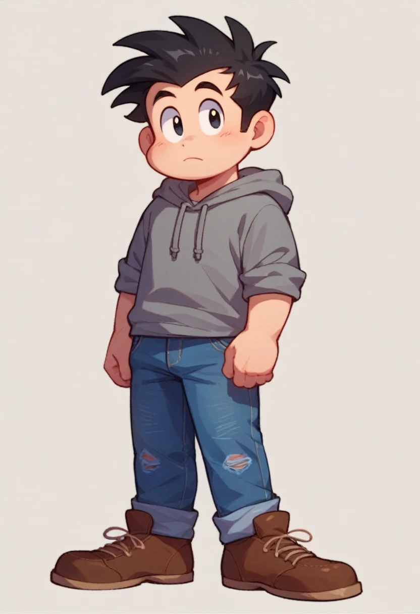 crispiano, solo black hair, 1boy, full body, male focus, shoes, pants, hood, black eyes, grey hoodie, brown footwear, denim, spiked hair, jeans