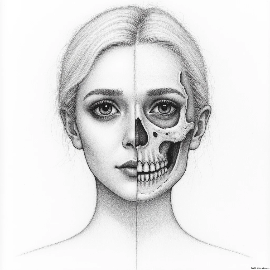 Detailed realistic drawing of the face of a woman facing the viewer but the left half of her face is skull while the right side of her face is normal. She has no hair on the left side of her face only a skull and also her eye-socket is hollow on the left side., , <lora:eliolsen_2017_local_164_merger_20v1_8v2_34v2_03_03_04:1>