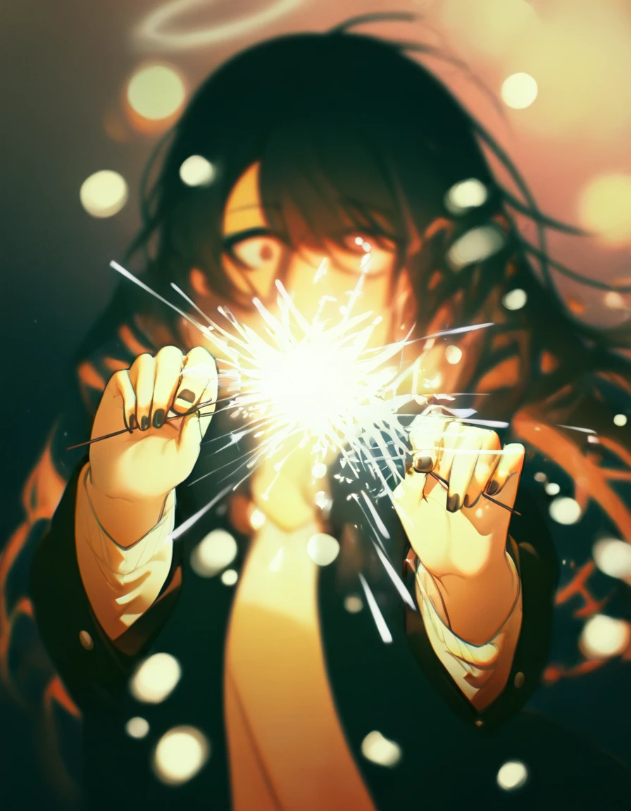 sparkler, 1girl, holding fireworks, solo, halo, blurry, fireworks, black hair, long hair, jacket, sparks, shirt, depth of field, upper body, long sleeves, bokeh, black nails, blurry background,  <lora:KonyaKarasue:1>, best quality, masterpiece, konya karasue