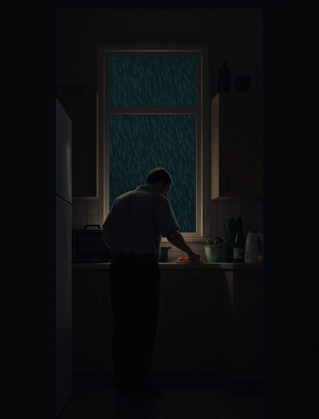 poster art depicting A cramped, dimly lit apartment kitchen, with a single parent silently preparing a meager dinner, rain streaking the window