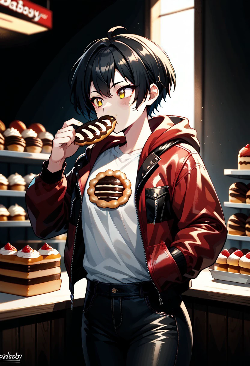 Havoc and Disorder,  (animated Elezen:1.3), (red and black hair:1.2), (neon hooded jacket:1.3), (white shirt:1.1), (leather pants:1.2), (eating a pretzel:1.3), (bakery setting:1.5), (Eorzea:1.4), (dynamic pose:1.2), (vibrant colors:1.2), (clean lines:1.5), (minimal shading:1.0), anime style, stylish details, cozy atmosphere, source_anime, score_9, score_8_up, score_7_up, score_6_up, score_5_up, score_4_up,