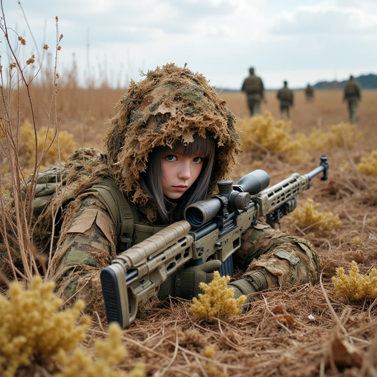 GhillieSuit,
In a field of dense, wild vegetation that mirrors the texture and color of her expertly camouflaged ghillie suit, a young sniper lays low, barely distinguishable from the surrounding plant life. Her ghillie suit is made from layers of earthy brown and green material, matching the dry, rugged terrain around her. The plants are scraggly and uneven, resembling the strands of burlap and foliage that cover her body, making her appear as just another part of the field. The suitâs fibers and tangled leaves blend seamlessly with the natural surroundings, providing her perfect concealment.
Her sharp, focused eyes peer through the scope of her sniper rifle, which is similarly camouflaged, its long barrel wrapped in matching material to prevent detection. In the distance, a group of soldiers patrols, unaware of her hidden presence. There are more soldiers now, spread out across the field, their boots rustling the dry plants as they move cautiously. They walk directly past her, some almost stepping over her camouflaged form, but the resemblance between her ghillie suit and the tangled vegetation shields her from their view.
The landscape is quiet, save for the muffled sound of boots and gear, and the wind gently moving the plants. The tension is high, but her breathing is slow and steady, her training ensuring she remains motionless as the threat passes by. The wild, untamed plantsânearly indistinguishable from her suitâfurther help mask her position as she waits patiently for the right moment to move.
In this scene, she is a ghost in the field, fully blending into the chaotic web of natural and artificial cover, while soldiers tread unknowingly just inches away. The combination of matching camouflage, tense anticipation, and her calm precision creates a sense of heightened danger and masterful stealth in this battlefield setting.
, <lora:Ghillie_suit_clothing_flux:0.8>,