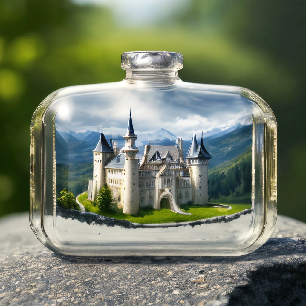 masterpiece, full scale photo, intricate photo, mysterious miniature castle in a lying transparent glass bottle, hyper realistic, highly detailed, sharp focus, best quality, high resolution, 8K, glassbottle, <lora:GlassBottleNewExp01_1000steps:0.8>