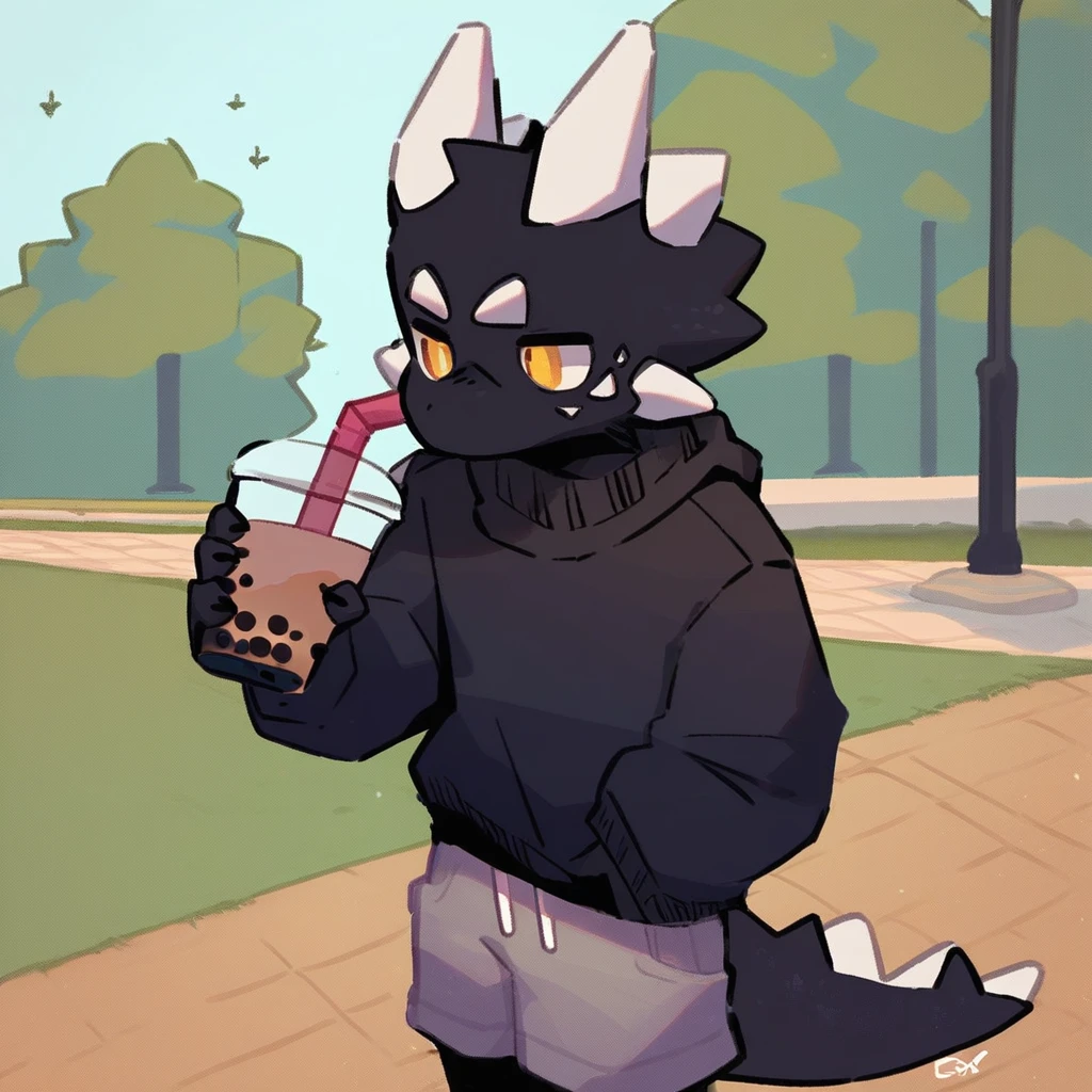 score_9_up, score_8_up, score_7_up, source_furry, mikus-style, black dragon, black body, white horns, yellow eyes, park, holding, bubble tea, black sweater, gray shorts, 1boy, solo