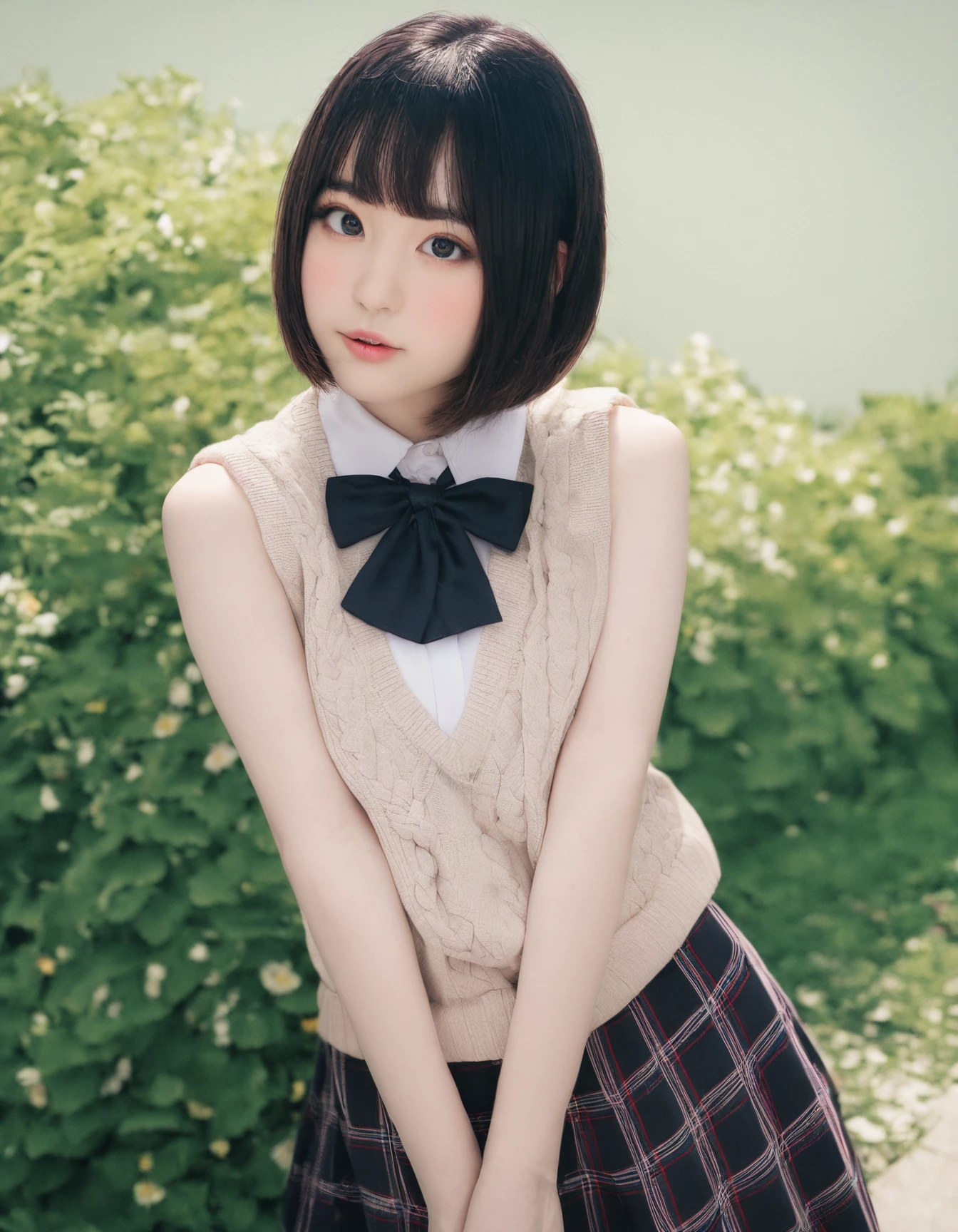 8k, RAW, masterpiece, best quality, very aesthetic, high resolution, cowboy shot,
1 girl, Beautiful Korean, cute, White shirt, Knit vest, bowtie, Check skirt, Short Bob black Hair, Beautifully detailed Large eyes, Cheek,
garden, Flowers blooming, <lora:WhippeMilk_2D:1>