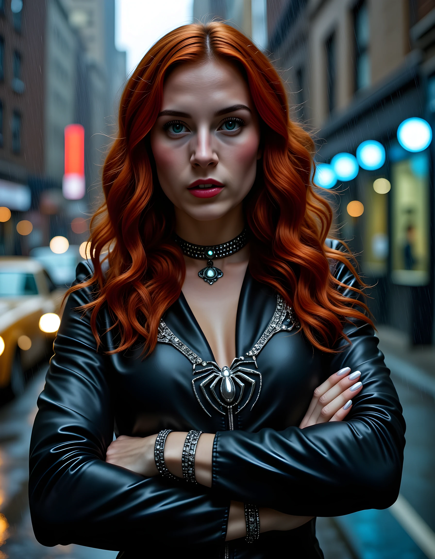 ginger, angelic face, Freckles, eyeliner, pale skin, long hair, green eyes, perfect gorgerous face, cyberpunk, beautifull lights, neon in background, gloing lights, intrincate details, dragon tatoos, 3d tatoo, perfect smile, futuristic san francisco in background, using eletronic devices, military outfit, yellow military jacket, gloing leds in outifit, nikon photo, 8k, masterpiece <lora:ginger_v03:1>