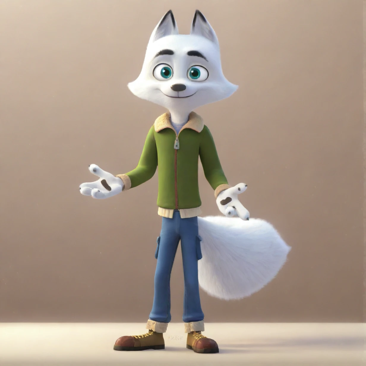 solo, Swifty, fox, full body, looking at viewer, anthro, mammal, solo, male, tall, skinny, abstract background, hi res, green eyes, shoes, smile, 4 fingers, fur, hi res, standing, white fur, digital media (artwork)