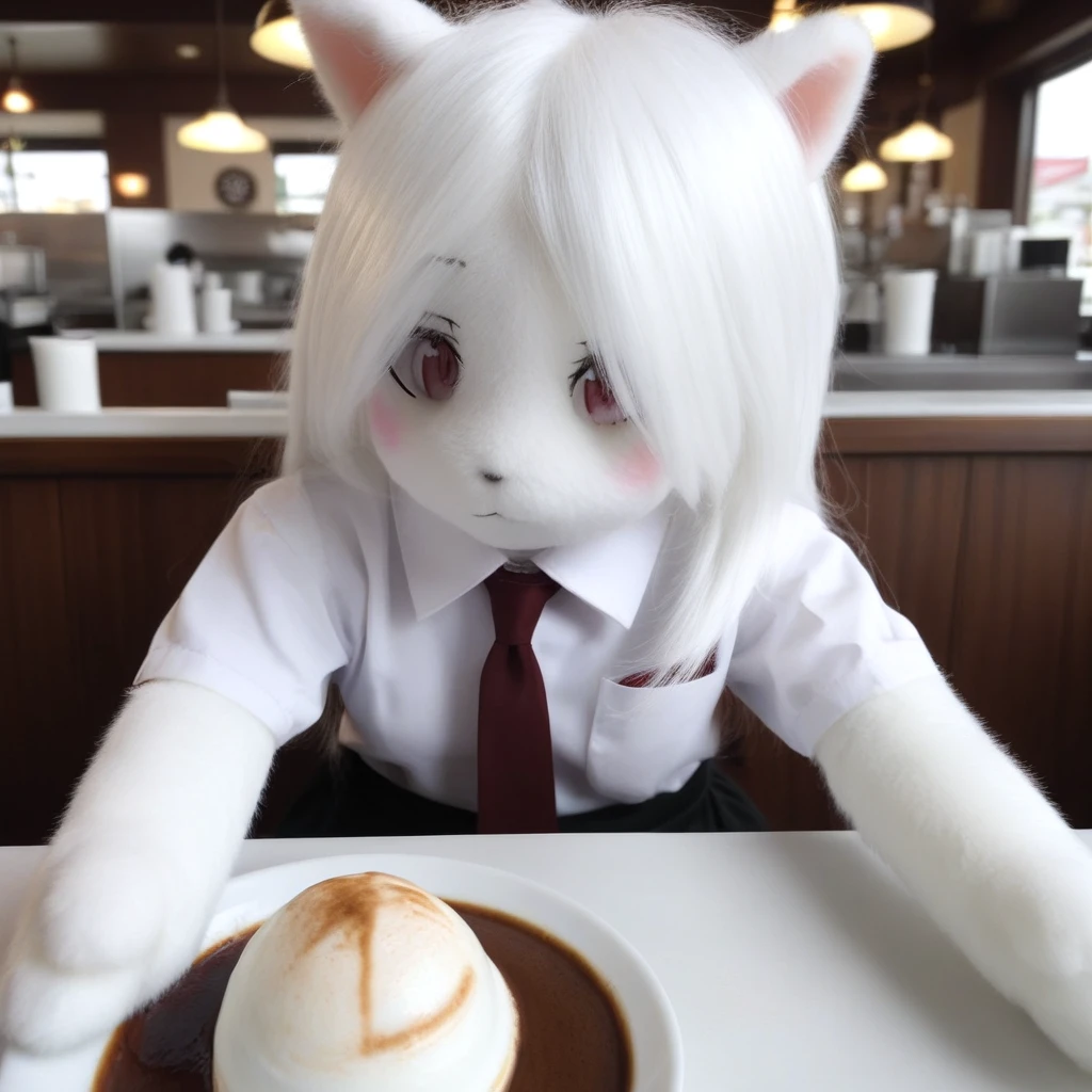 <lora:plush_SDXL:0.7>,realistic, white hair, tie, white skin, waitress, :3, looking at viewer, no_nose, furry, indoors, restaurant, plate, coffee