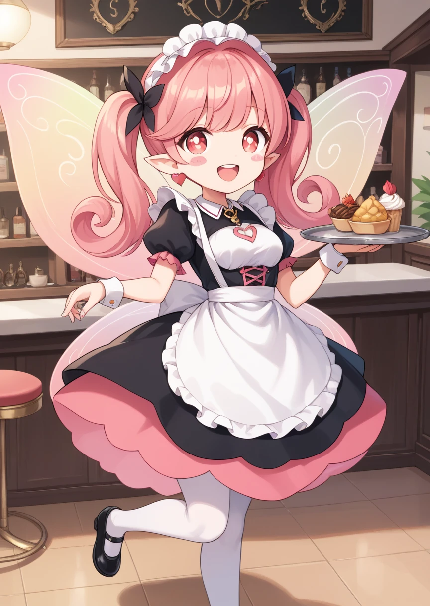 score_9, score_8_up, score_7_up, score_6_up, score_5_up, BREAK
lip, human, female,, 1girl, solo, pink hair, flower, fairy, earrings, open mouth, fairy wings, wings, jewelry, blush stickers, smile, pointy ears, heart earrings, long hair, bangs, red eyes, :d, heart, pink eyes, bright pupils, teeth, , blush, upper teeth only, twin tails, key_necklace, full body, dynamic pose, curly hair, rating_safe, tulip
maid outfit, maid headdress, tray, medium breasts, cafe