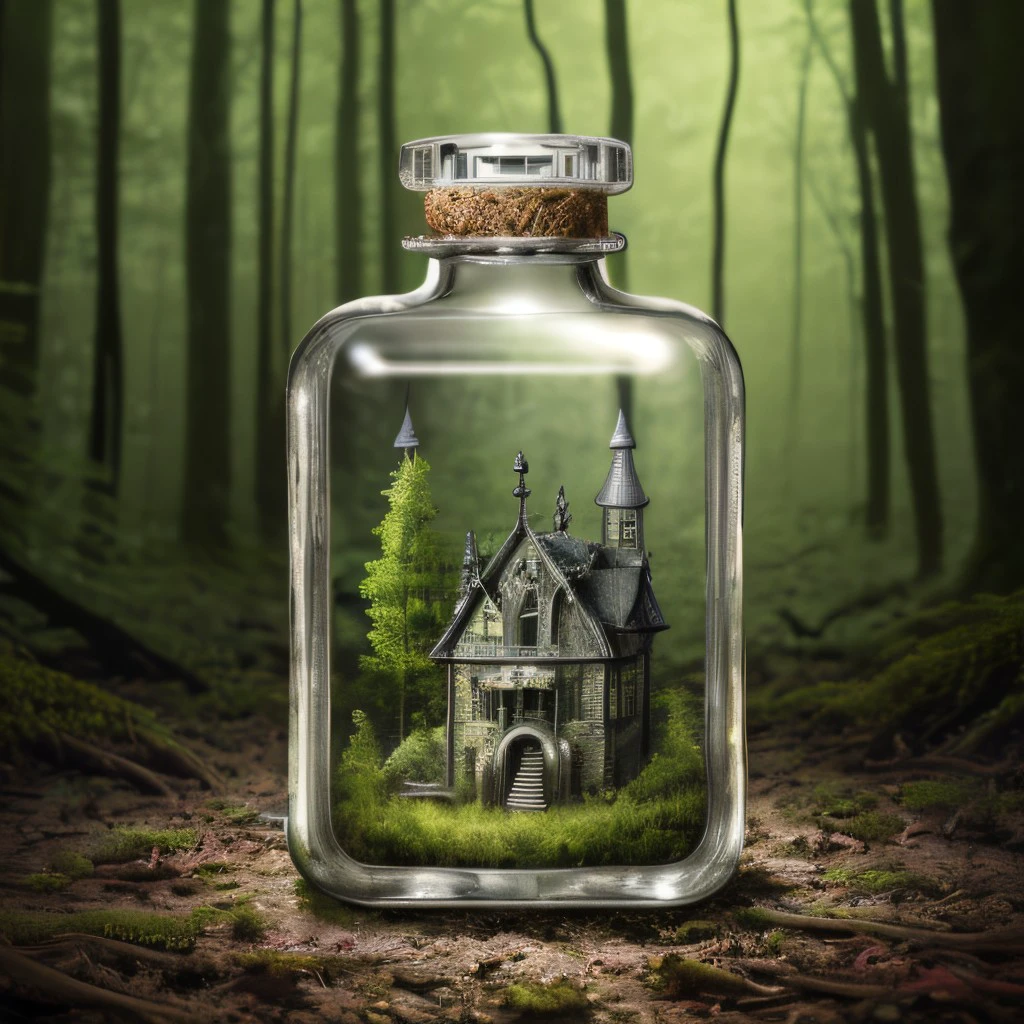 masterpiece, full scale photo, intricate photo, mysterious miniature haunted house in a whole lying  transparent slim glass bottle, background swampy forest, hyper realistic, highly detailed, sharp focus, best quality, high resolution, 8K, glassbottle, <lora:GlassBottleNewExp01_1000steps:0.8>