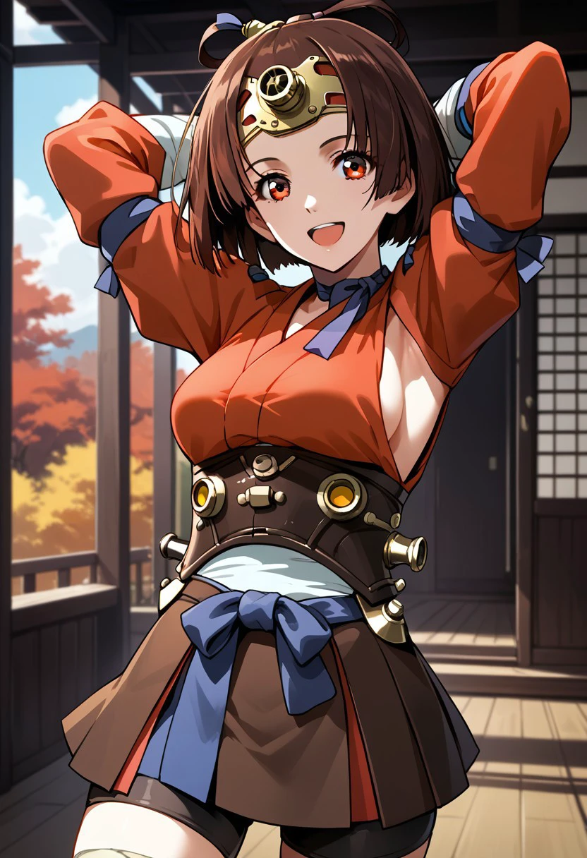 score_9,score_8_up,score_7_up,source_anime,MUMEI_(KABANERI),1girl,solo,breasts,looking at viewer,smile,open mouth,skirt,long sleeves,ribbon,medium breasts,:d,shorts,japanese clothes,choker,armpits,arms up,sideboob,bandages,blue ribbon,bike shorts,hakama,corset,hakama skirt,headpiece,hakama short skirt,ribbon choker,topknot,steampunk,