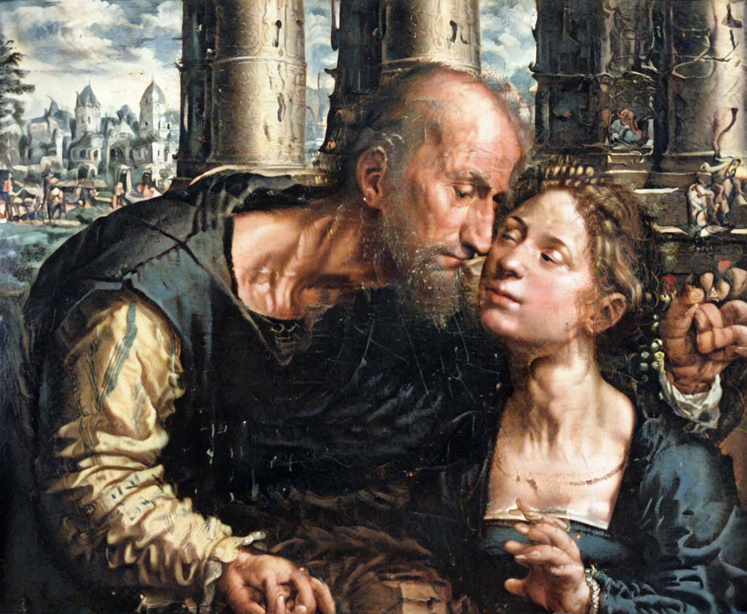 <lora:jan-van-hemessen_pony_v1:0.95>  ' couple ' by HemessenJanvan in 1536,religious painting \(genre\),Northern Renaissance \(style\),Christianity, The painting depicts a man and a woman,, score_9, score_6_up, score_7_up