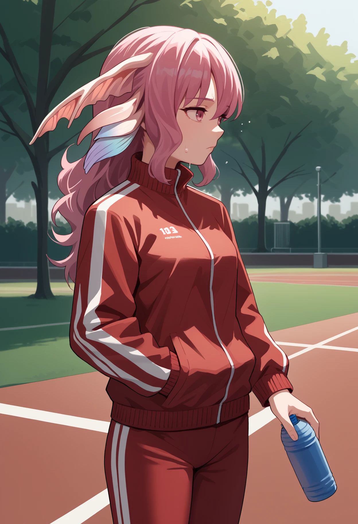 score_9, score_8_up, score_7_up, source_anime, <break> solo, 1girl, rf3pia, monster girl, sweat, expressionless, looking away, standing, holding water bottle, pink hair, head fins, pink eyes, track suit, red jacket, track jacket, red pants, outdoors, park
<segment:yolo-face_yolov8m.pt,0.4,0.5//cid=1>