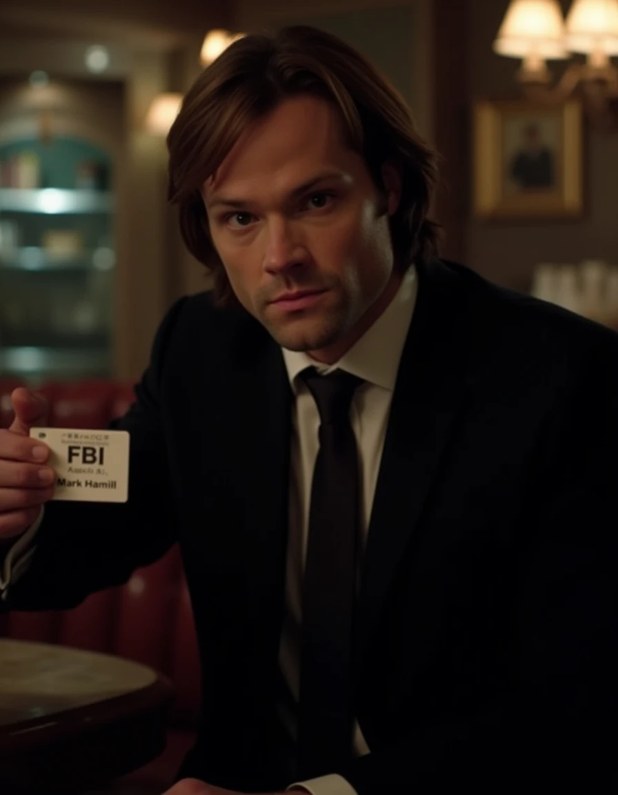 <lora:Sam_Winchester_Flux:1> this is an image of a tall well built man wearing a black suit and tie, shoulder length hair,  in a cafe looking at the viewer, holding out an FBI ID that has the name "Mark Hamill" on it