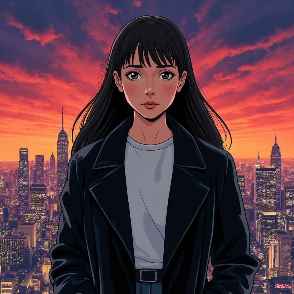 ((Retro 90s Anime style illustration)) drawing of a closeup on face of woman wearing a long black trench-coat futuristic city in the background in the style of the 90s anime Akira., , <lora:eliolsen_2017_local_164_merger_20v1_8v2_34v2_03_03_04:1>