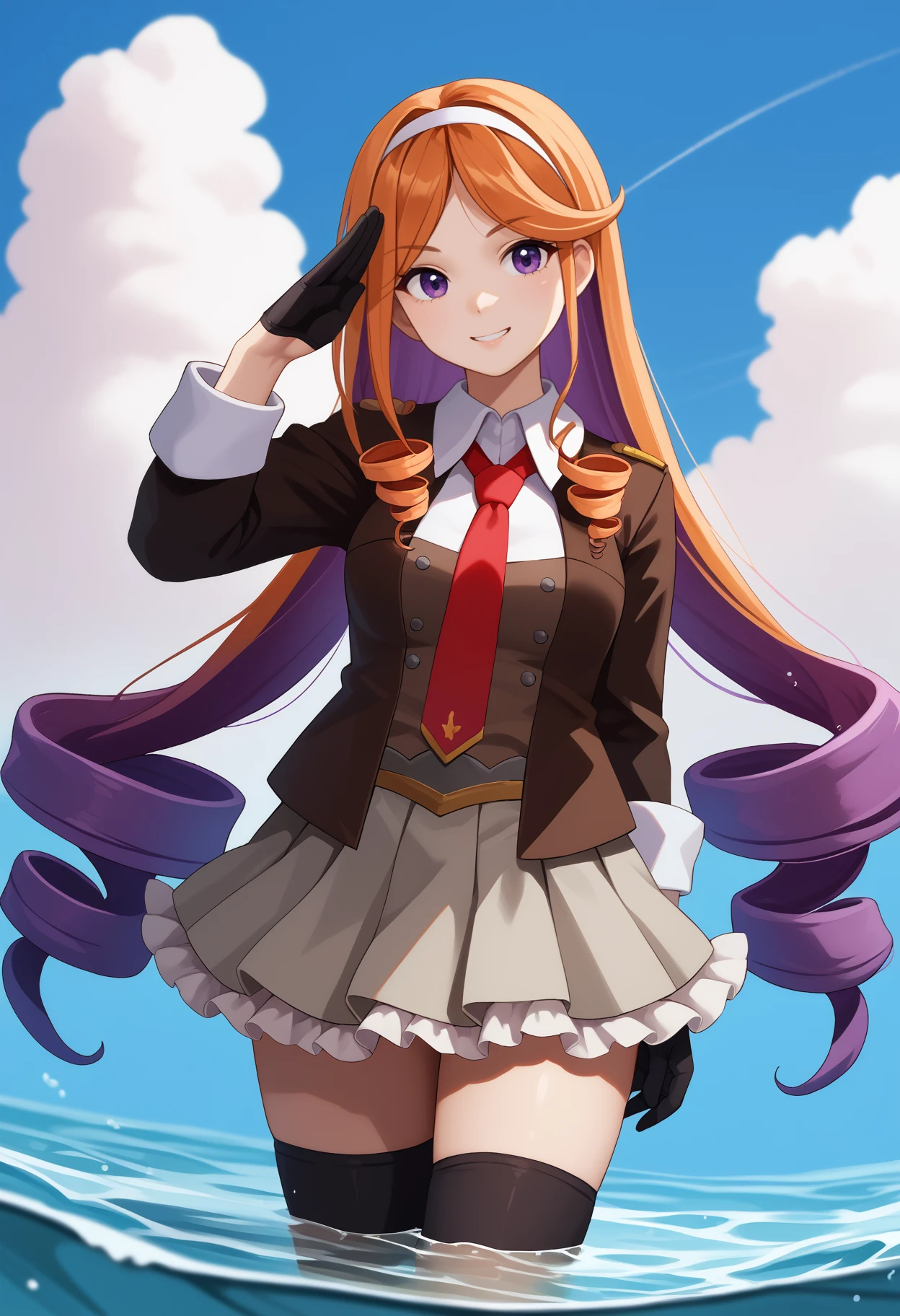 score_9, score_8_up, score_7_up, source_anime, <break> solo, 1girl, kcyuugure, smile, looking at you, standing, wading, salute, long hair, multicolored hair, orange hair, purple hair, asymmetrical sidelocks, drill hair, white hairband, purple eyes, frills, black jacket, blazer, open jacket, long sleeves, brown vest, white shirt, collared shirt, red necktie, black gloves, grey skirt, pleated skirt, frilled skirt, black thighhighs, blue sky, cloud, outdoors, water
<segment:yolo-face_yolov8m.pt,0.4,0.5//cid=1>