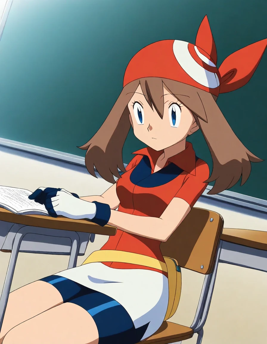 score_9, score_8_up, score_7_up, source_anime, <lora:pokemon-may-anime-illustrious-lora-nochekaiser:1>, pokemonmay, 1girl, may (pokemon), blue eyes, brown hair, bandana, long hair, red bandana, twintails, hair between eyes,, bike shorts, collared shirt, gloves, microskirt, multicolored shirt, pencil skirt, red shirt, shirt, short sleeves, skirt, white skirt,, classroom, chalkboard, day time, studying, sitting, chair, desk,, , , v,, solo,, cowboy shot, dutch angle, solo