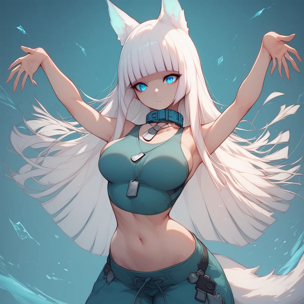 score_9, score_8_up, score_7_up, score_6_up, Young , ((, (White hair, long hair, wolf ears, hair between eyes, bright blue eyes, bangs, (bangs spread out), hair over , (blue eyes), (blunt bangs:1.4), long and slender body, curvy, medium breasts, full breasts, round breasts ), teal tube-top, teal baggy pants, dog-tags, collar